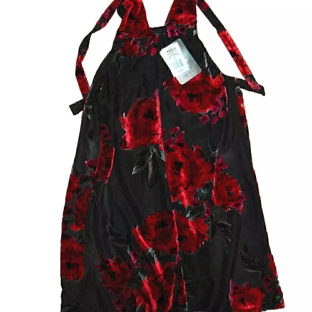 LILY ROSE Velvet Red Roses Dark Floral Tie Back Dress Size S MSRP $48